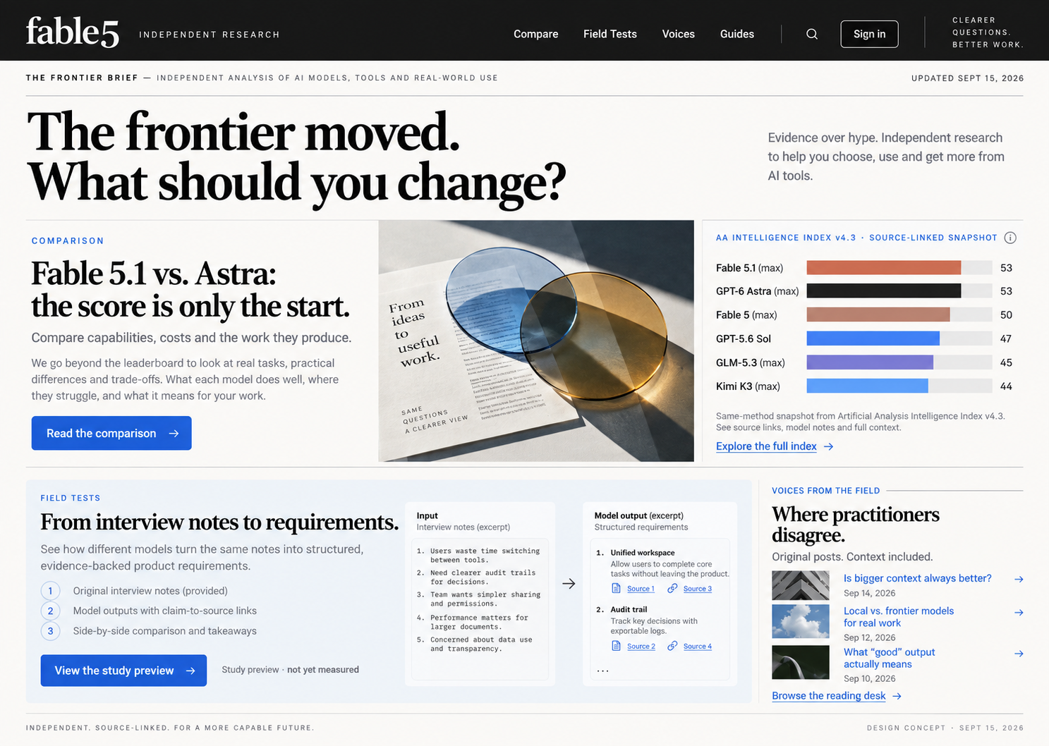 Selected editorial homepage design concept with a dark masthead, serif headlines and blue evidence panels